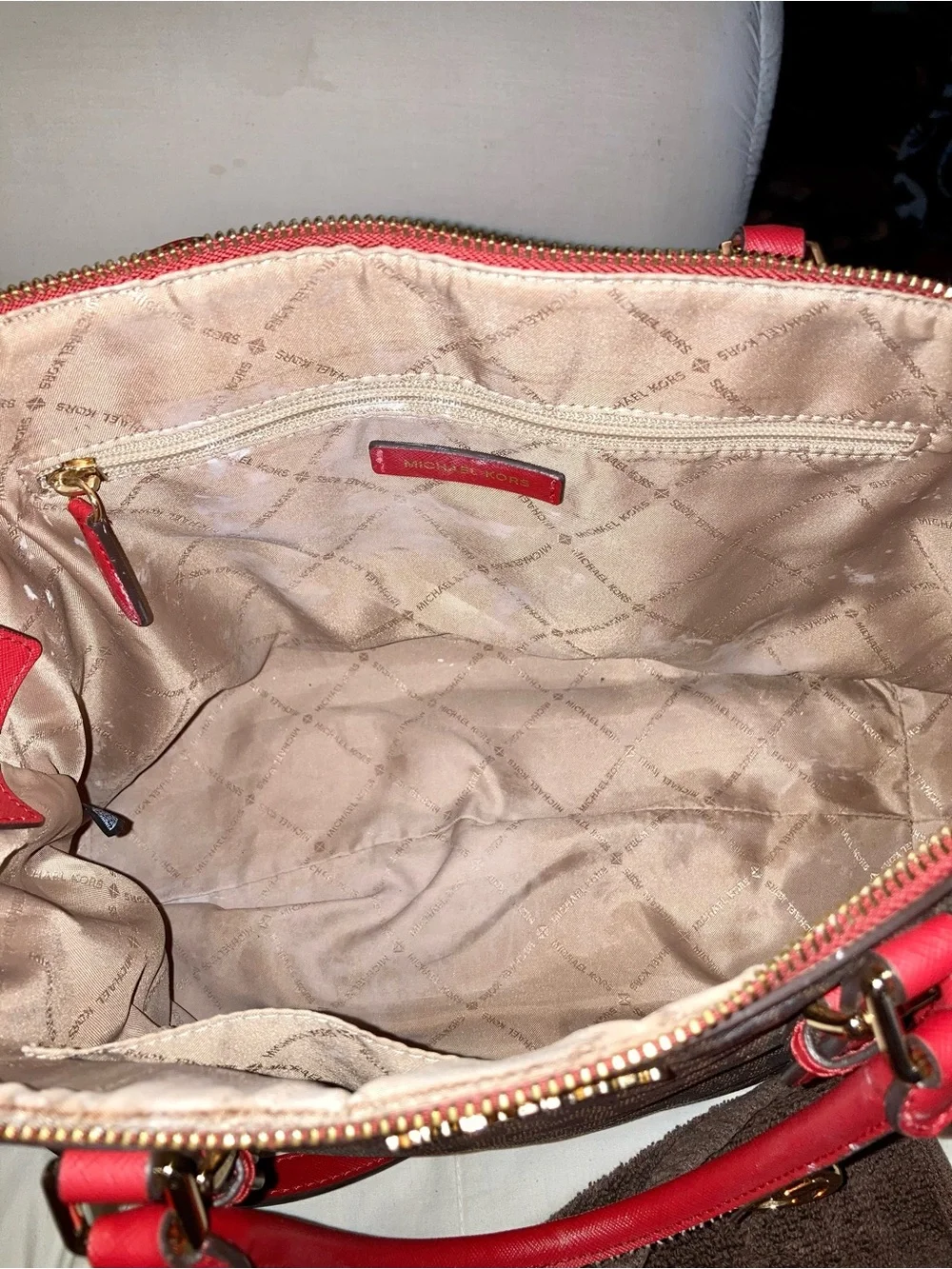 Michael Kors Brown Logo Satchel with Pink-Red Trim